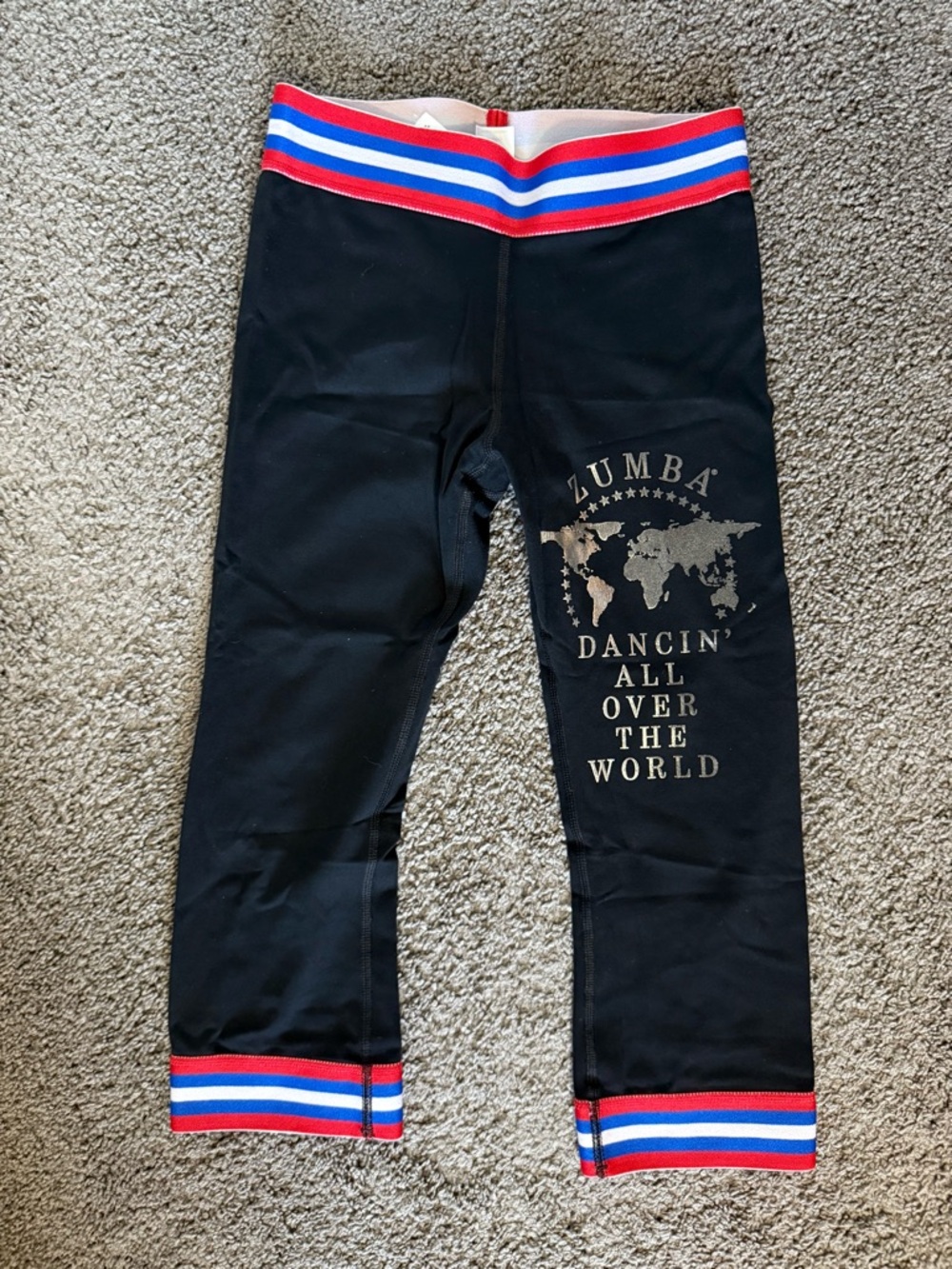 Zumba Fitness Black Capri Leggings with Red & Blue Trim